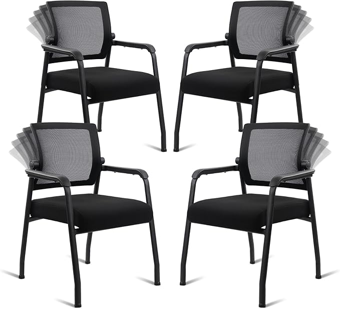 4PK Office Guest Chairs No Wheels | Ergonomic Lumbar Support and Thicked Seats Cushion, Desk Chair with Adjustable Mesh Back for Waiting Room School Church Reception，Black