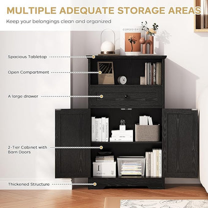Floor Cabinet, Farmhouse Storage Cabinet with Barn Doors and Drawer, 11.81" D x 23.62" W x 39.37" H Black Freestanding Adjustable Shelf Organizer for Bathroom, Kitchen, Living Room