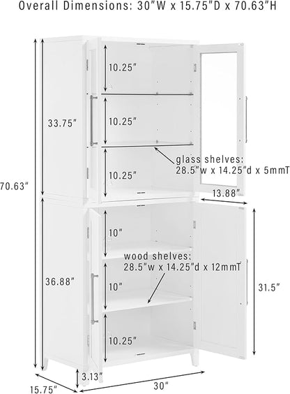 Crosley Furniture Roarke Glass Door China Hutch Kitchen Pantry Storage Cabinet with Doors and Shelves, White