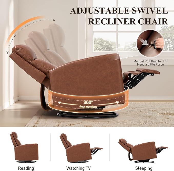 Swivel Rocking Recliner,Wide PU Leather Glider Sofa Chair with Ergonomic High Backrest for Living Room, Bedroom, Office（Cocoa）