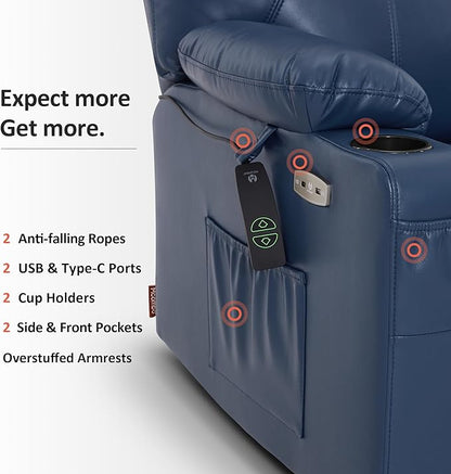 MCombo Oversized Power Lift Recliner Chair for Elderly, Lift Chair with Heat and Massage for Big and Tall, USB&Type C Ports, Cup Holders, Faux Leather R7510 (Blue, Large-Wide)