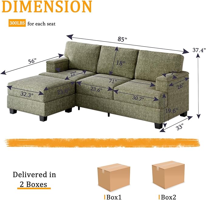 85'' L Shaped Couch with Armrest Organizer,3 Seats Sofas with Movable Ottoman,Comfy Sectional Sofa with Thick Cushion,Chenille Sectional Couches for Living Room,Bedroom,Apartment,Home Furniture,Green