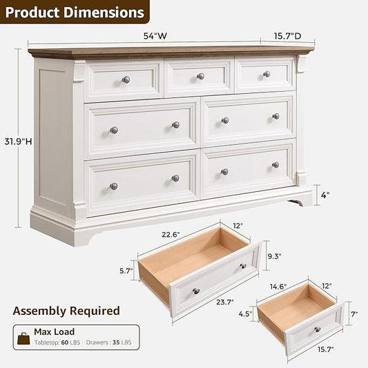 T4TREAM Farmhouse 7 Drawers Dresser for Bedroom, 54" Wide Wood Rustic Chest of Drawers w/Roman Column, Wooden Storage Dressers Organizer for Bedroom, Living Room, Closet, Antique White