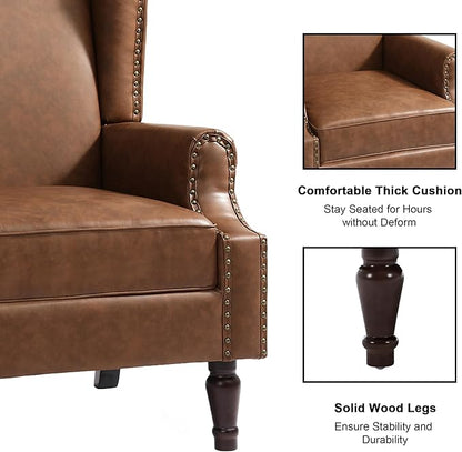 Accent Chair Set of 2, Upholstered Leather High Back Armchair with Nailhead Trim & Wood Legs, Comfy Wingback Reading Single Sofa Chair for Small Spaces, Living Room, Bedroom-Leather Brown, 2 SEAT