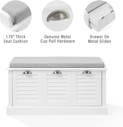 Crosley Furniture Ellison Entryway Storage Bench with Shoe Rack Organizer Drawer, White with Gray Cushion