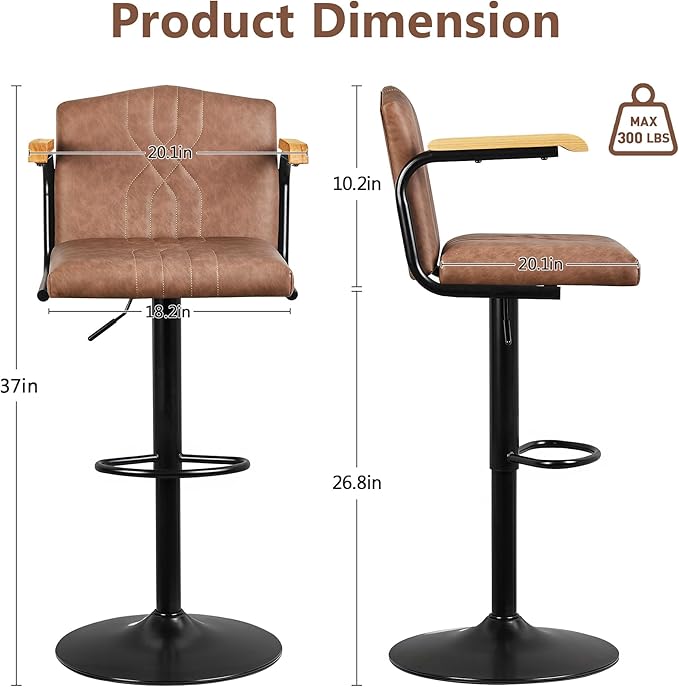 VECELO Bar Stools Set of 2, Adjustable & Swivel Faux Leather Bar Stools with Backs and Footrest, for Kitchen Islands, Dining Counters, Home Bars, Brown