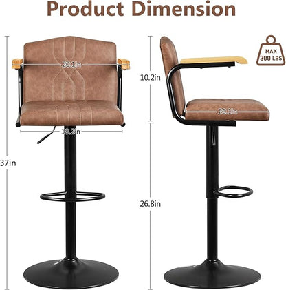 VECELO Bar Stools Set of 2, Adjustable & Swivel Faux Leather Bar Stools with Backs and Footrest, for Kitchen Islands, Dining Counters, Home Bars, Brown