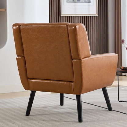 Dolonm Midcentury Modern Leather Accent Chair with Arms, Upholstered Reading Side Chair Tufted Back Decorative Wingback Chair for Living Room Bedroom (Light Brown-PU)