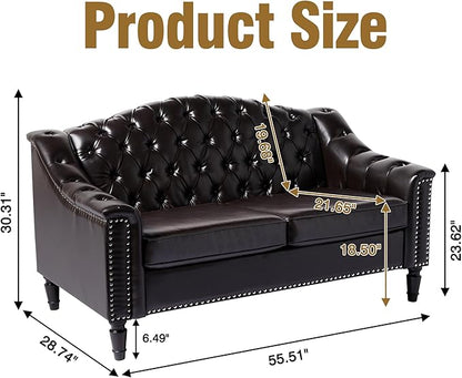 LEVNARY Chesterfield Loveseat Leather, Upholstered Sofa with Button-Tufted Back, Mid-Century Modern Sofa with Solid Wood Legs, 2 Seater Couches for Living Room (Brown)