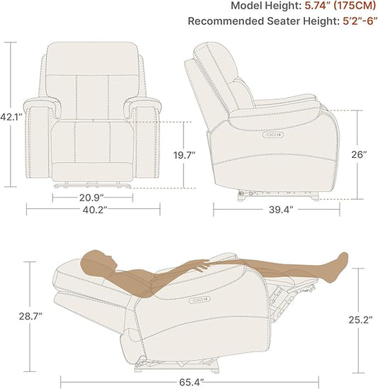 CHITA Large Power Zero Gravity Recliner Chair, Genuine Leather Recliner Chair for Adults with Adjustable Power Headrest and Hidden Slide-Out Cupholders, USB and Type-C Ports, Creamy Grey