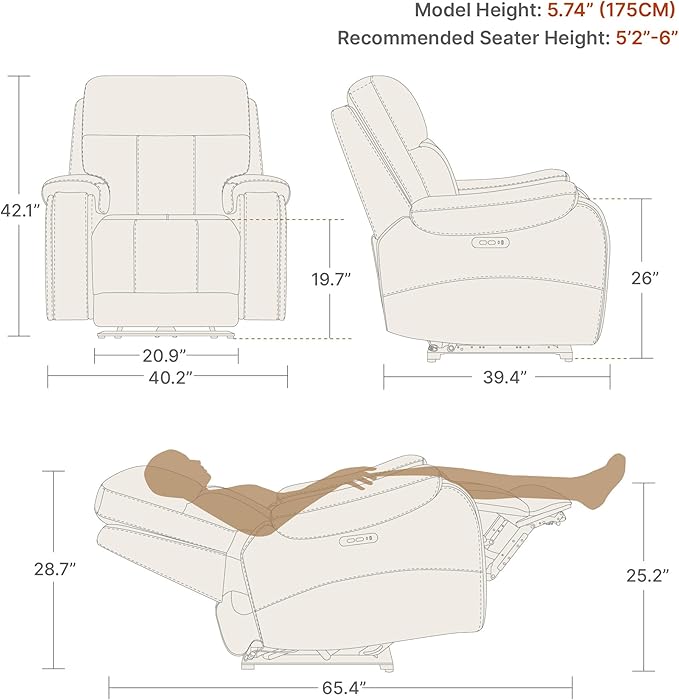 CHITA Large Power Zero Gravity Recliner Chair, Genuine Leather Recliner Chair for Adults with Adjustable Power Headrest and Hidden Slide-Out Cupholders, USB and Type-C Ports, Saddle