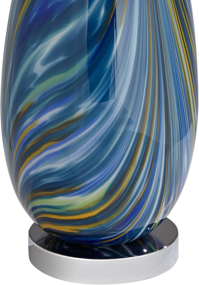 Possini Euro Design Pablo Modern Table Lamp 27" Tall Swirling Multi Color Blue Hand Blown Art Glass Metal White Tapered Drum Shade Decor for Living Room Bedroom House Bedside Home (Color May Vary)