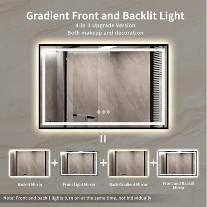 LED Bathroom Mirror, 60x40 Inch Black Framed Gradient Front and Backlit Bathroom Mirror with LED Lights, 3 Colors Dimmable CRI>90, IP54 Enhanced Anti-Fog Wall Mounted Backlit Mirror
