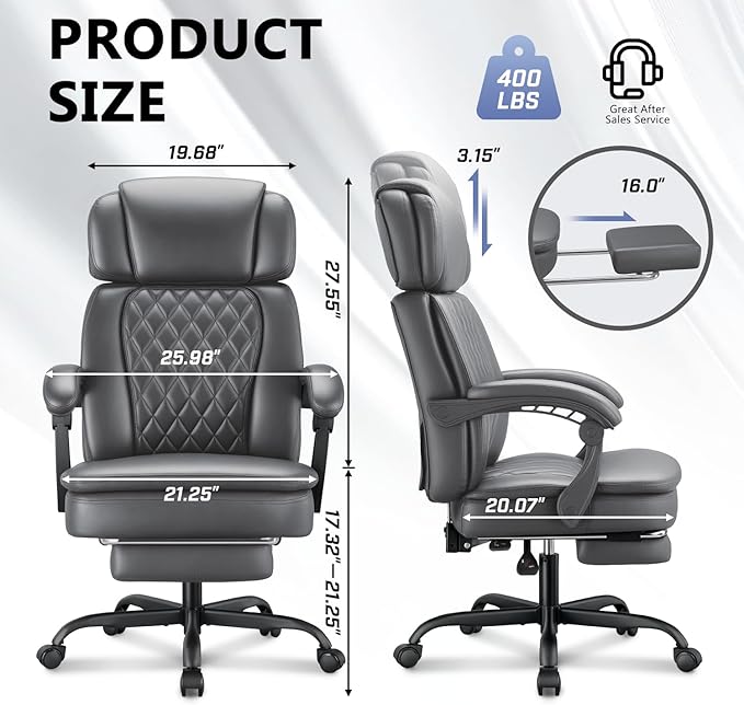 400lbs Office Chair with Foot Rest, Ergonomic Big and Tall Office Chair with Adjustable Headrest, High Back PU Leather Computer Chair,Comfy Heavy Duty Office Desk Chair (Classic Grey)