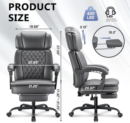 400lbs Office Chair with Foot Rest, Ergonomic Big and Tall Office Chair with Adjustable Headrest, High Back PU Leather Computer Chair,Comfy Heavy Duty Office Desk Chair (Classic Grey)