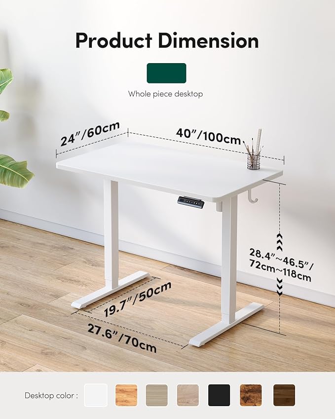 FEZIBO One-Piece Standing Desk Adjustable Height Stand up Home Office Desk, 40x24 Inch Electric Standing Computer Desk, with 4 Memory Presets, Headphone Hook, White