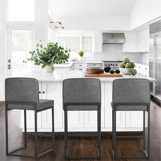 PHI VILLA Grey Bar Stools Set of 4 - Counter Height 24'' Bar Stool Pu Leather Kitchen Modern Bar Chairs, Bar Stools with Back