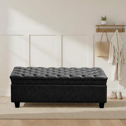 50" Faux Leather Storage Ottoman Bench, Rectangular End of Bed Storage Bench, Upholstered Large Tufted Ottoman with Storage for Living Room, Bedroom, Entryway,Black