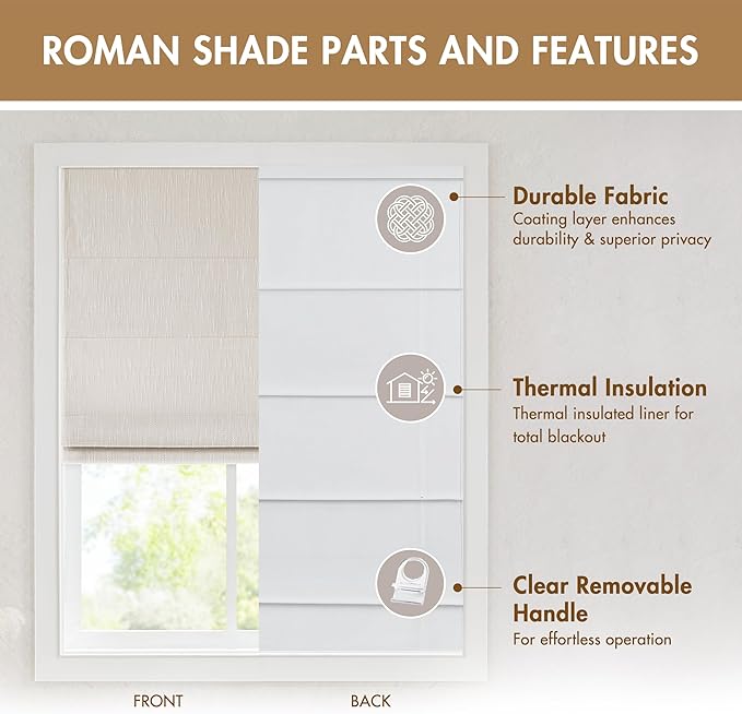Madison Park Cordless Roman Shades, Total Blackout Window Blind Privacy Window Shades, Thermal Insulated Cordless Window Treatment for Bedroom, Living Room, Quincy, Single Panel 35" W X 64" H Linen