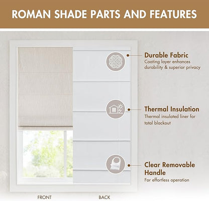 Madison Park Cordless Roman Shades, Total Blackout Window Blind Privacy Window Shades, Thermal Insulated Cordless Window Treatment for Bedroom, Living Room, Quincy, Single Panel 34" W X 64" L Linen