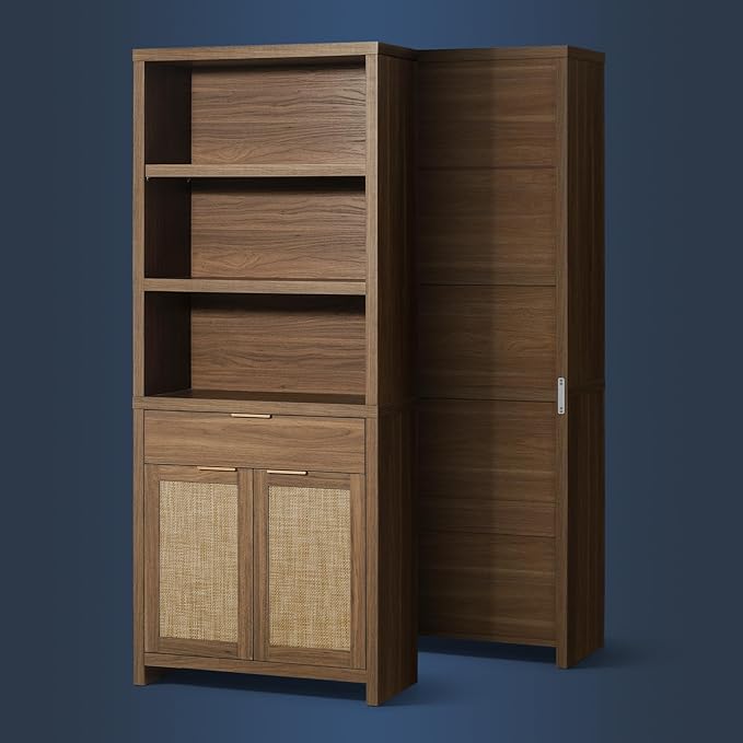 Hampstead Bookcase, Rattan Bookcase with Doors Cabinet and Drawer, 5-Tier Bookshelf, Large Wooden Book Case, Tall Bookshelves for Library Living Room (Special Walnut, 3 Pieces)