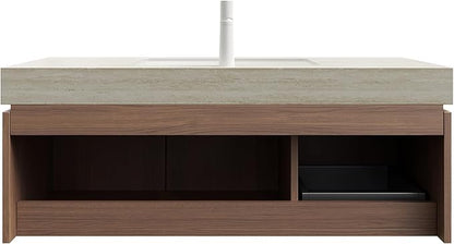 48 Inch Floating Bathroom Vanity with Sink, Wall-Mounted Bathroom Vanity with Drawer and 2 Doors, Roma Travertine-Pattern Countertop and Ceramic Basin, Pre-Assembled, Espresso Woodgrain Color