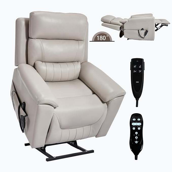 PELUMY Power Lift Recliner Chair for Elderly with Massage and Heat, Dual Motor Heavy Duty 350lbs Recliner, 8-Point Vibration & Lumbar Heating, Electric Lift Chair (Breathable Leather, Light Grey)