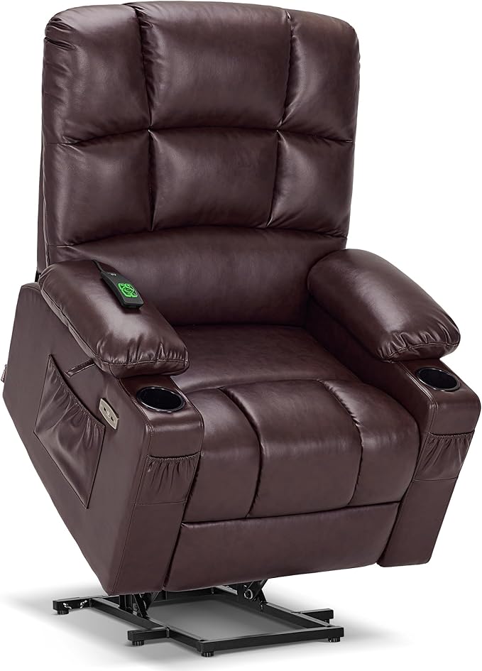 MCombo Large Dual Motor Power Lift Recliner Chair for Elderly, Massage and Heat, Lay Flat, Zero Gravity, Home Button, USB Port, Faux Leather 7680 (Light Brown, Large)
