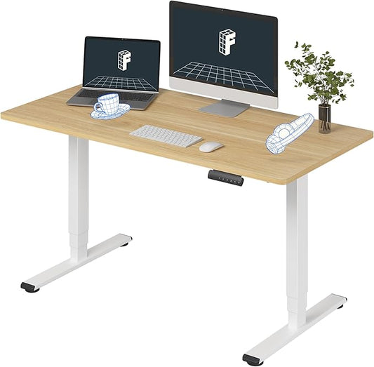FLEXISPOT E6 3 Stages Dual Motor Electric Standing Desk 55x28 Inch Whole-Piece Board Height Adjustable Electric Sit Stand Desk(White Frame + Maple Desktop, 2 Packages)