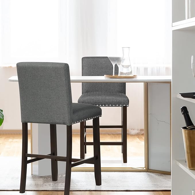 COSTWAY Bar Stools Set of 2, 25.5” Linen Fabric Armless Counter Height Chair with Back, Kitchen Island Breakfast Chair for Dining Room, Party Room & Restaurant (2, Grey)