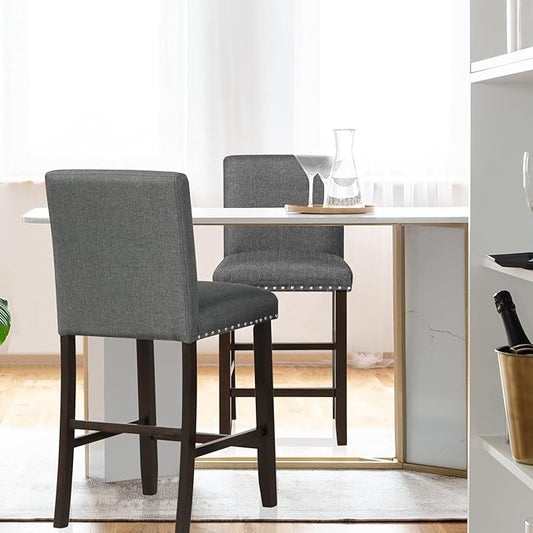 COSTWAY Bar Stools Set of 2, 25.5” Linen Fabric Armless Counter Height Chair with Back, Kitchen Island Breakfast Chair for Dining Room, Party Room & Restaurant (2, Grey)