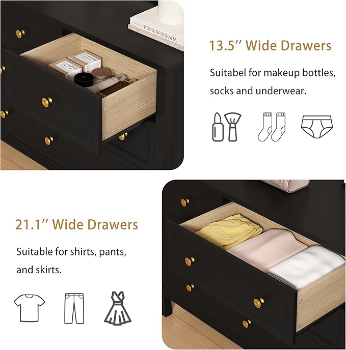 LYNSOM Black Dresser for Bedroom with 9 Drawers, Modern Wide Chest of Storage Drawer with Gold Handles, TV Stand Dresser, Wood Dressers for Bedroom, Living Room, Hallway, Entryway, 59’’