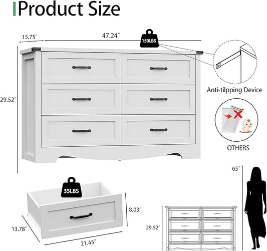 Dresser for Bedroom with 6 Drawers, 48" Wide Modern Chest of Drawers with Deep Drawers & Mental Handle, Wood Dresser TV Stand, Wooden Closet Storage Organizer for Living Room, Hallway, Entryway, White