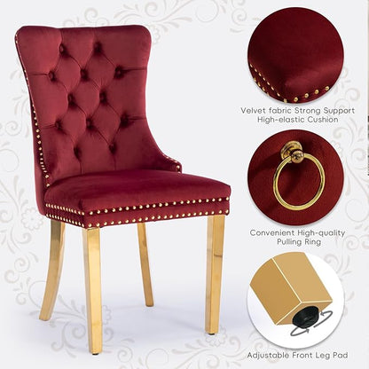 Velvet Upholstered Dining Chairs Set of 6, Modern Style Kitchen Side Chairs with Nailhead Trim and Gold Plated Leg, Metal Pulling Ring for Dining Room Living Room(Wine Red-Gold Plated Leg)