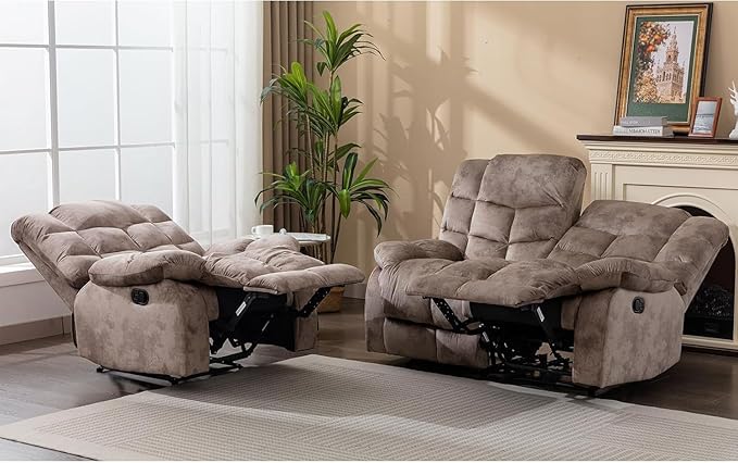 EBELLO Manual Recliner Couch Set, Soft Fabric Reclining Living Room Set, Included Single Recliner Chair and Loveseat Sofa, Light Brown