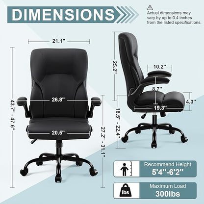 Executive Office Chair, High Back Ergonomic Comfy Desk Chair with Padded Flip-up Armrests and Wheels, PU Leather Heavy Duty Computer Swivel Rolling Task Chair for Home Office, Adults, Black