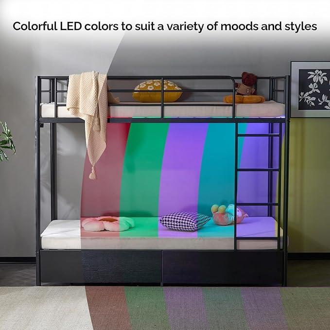 Karl home Metal Bunk Bed Twin Over Twin with 2 Storage Drawers, with USB Charging Station and LED Lighted, Safety Guardrail & Ladder, Easy Assembly, Space Saving, No Noise, No Box Spring Needed, Black