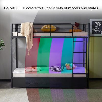 Karl home Metal Bunk Bed Twin Over Twin with 2 Storage Drawers, with USB Charging Station and LED Lighted, Safety Guardrail & Ladder, Easy Assembly, Space Saving, No Noise, No Box Spring Needed, Black
