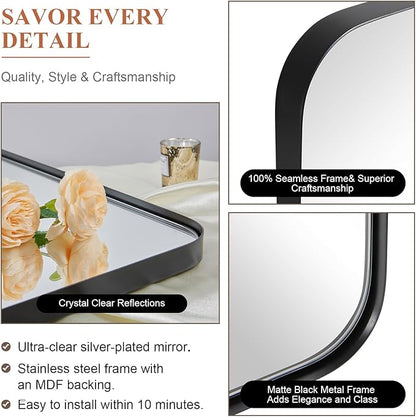 ANDY STAR 36”x48” Black Bathroom Mirror, Wall Mirror for Bathroom, Rounded Rectangle Mirror in Premium Stainless Steel Metal Frame Hangs Horizontal Or Vertical (Matte Black)