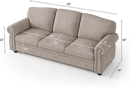 ONBRILL 90 Inch Nailhead Trim Couch for Living Room, 23 Inch Deep Seat Rolled Arm Sofa, Comfy Upholstered 3 Seater Chenille Couch w/Wooden Leg, Large Traditional Sofa for Farmhouse, Beige