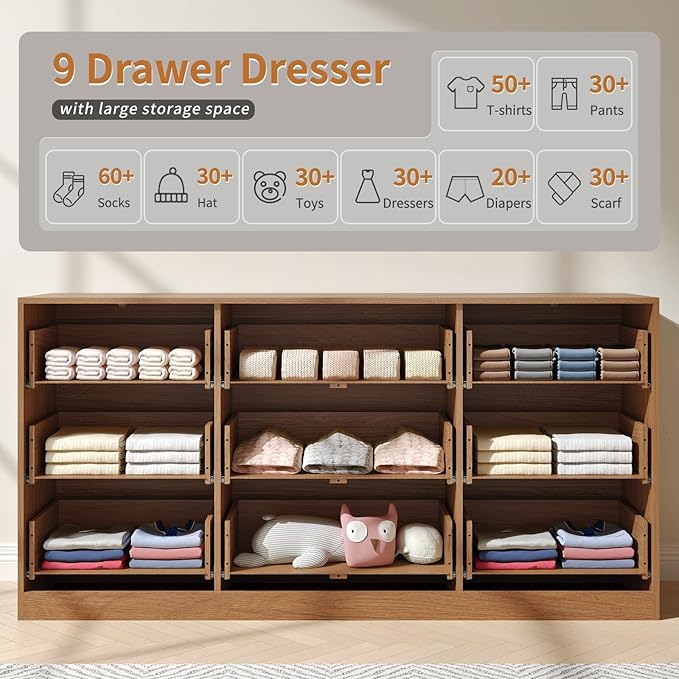Fluted Dresser for Bedroom with 9 Drawer, 63” Wide Wooden Dresser Mid Century Chest of Drawers with Handle, Dressers TV Stand Storage Organizer for Bedroom, Living Room, Natural Wood
