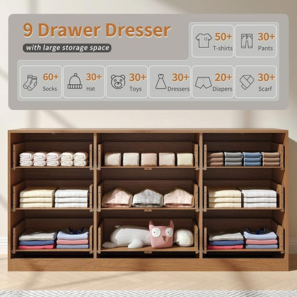 Fluted Dresser for Bedroom with 9 Drawer, 63” Wide Wooden Dresser Mid Century Chest of Drawers with Handle, Dressers TV Stand Storage Organizer for Bedroom, Living Room, Natural Wood