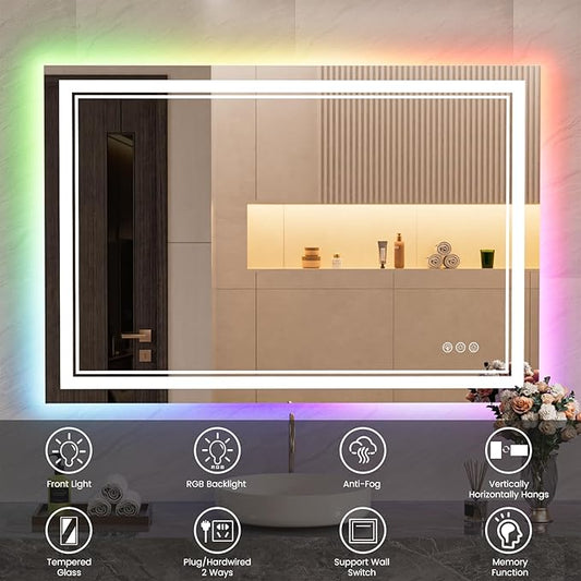 48x28 inch LED Bathroom Mirror with RGB Lights, Color Changing Backlit Mirror, Shatterproof, Dimmable Anti-Fog, Lighted Vanity Mirror (RGB Multicolor Backlit + Adjustable Front-Lighted)