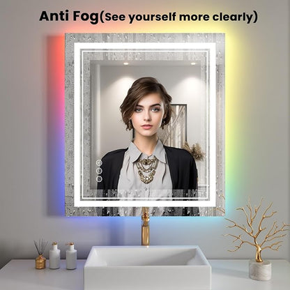 24x28 inch LED Bathroom Mirror with RGB Lights Color Changing Backlit Mirror Shatterproof Dimmable Anti-Fog Lighted Vanity Mirror (RGB Multicolor Backlit + Adjustable Front-Lighted)
