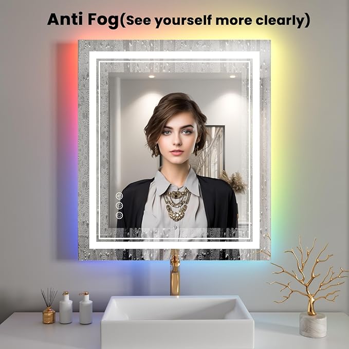 24x30 inch LED Bathroom Mirror with Lights RGB Backlit Color Changing Lighted Vanity Mirror for Bathroom Wall Dimmable Anti-Fog Led Mirror for Bathroom(RGB Backlit + 3 Front-Lighted)