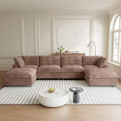Modular Sectional Sofa, Convertible U Shaped Couch with Chaise Ottoman, Deep Seat Cloud Sectional Couch, 6 Seat Comfy Modular Sofa for Living Room, Office, Apartment, Brown
