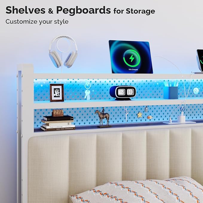 VINGLI Twin or Twin XL Size Headboard, Adjustable Upholstered Headboard with 3 Tier Shelves and Pegboard with Charging Stations and LED Lights, Modern Bed Headboard with Storage for Bedroom Decor