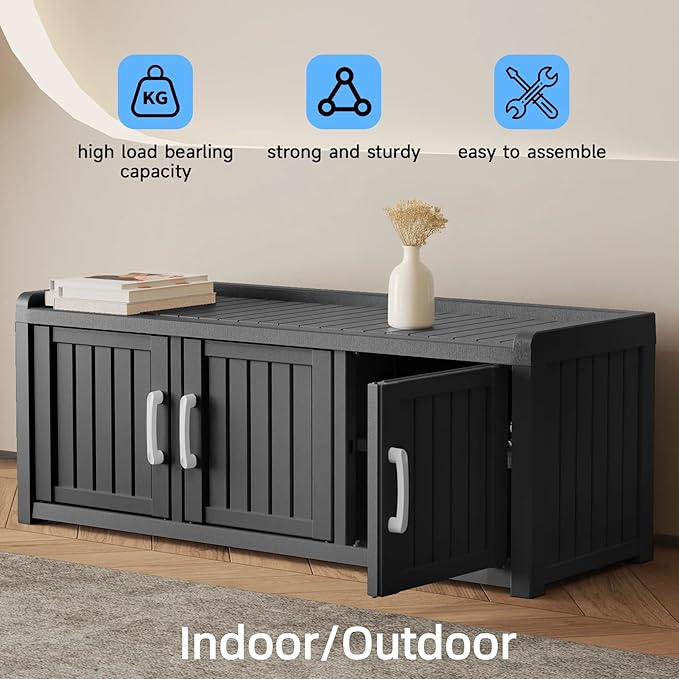 3 Doors Shoe Bench, Waterproof & UV-Resistant, Resin Shoe Cabinet Indoor & Outdoor Use, Entryway Bench with Adjustable Shelves & Hidden Storage Space for Bedroom, Hallway, Black