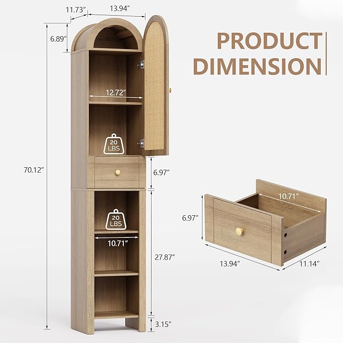 70" Tall Bathroom Storage Cabinet with Rattan Door，Narrow Storage Cabinet with Drawer Adjustable Shelves, Modern Arched Design Bathroom Cabinet for Bathroom, Living Room, Kitchen, Natural