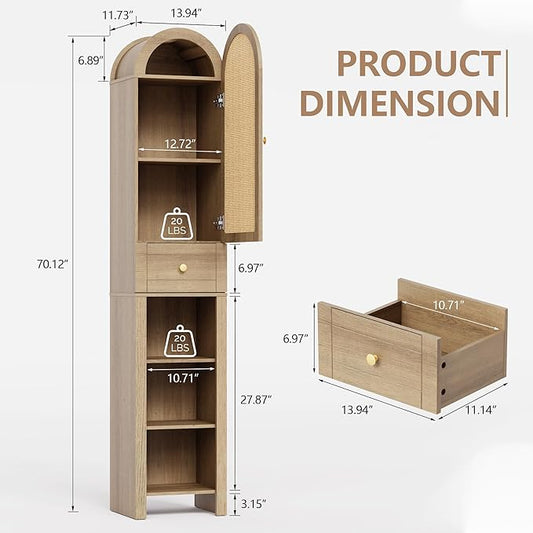 70" Tall Bathroom Storage Cabinet with Rattan Door，Narrow Storage Cabinet with Drawer Adjustable Shelves, Modern Arched Design Bathroom Cabinet for Bathroom, Living Room, Kitchen, Natural